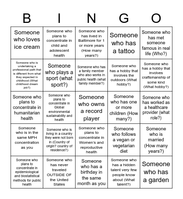 Get to Know Your MPH Cohort Bingo Card