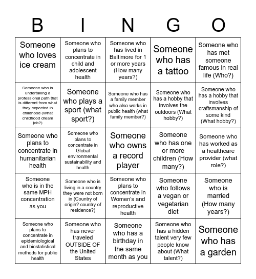 Get to Know Your MPH Cohort Bingo Card