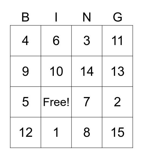 Number Bingo Card