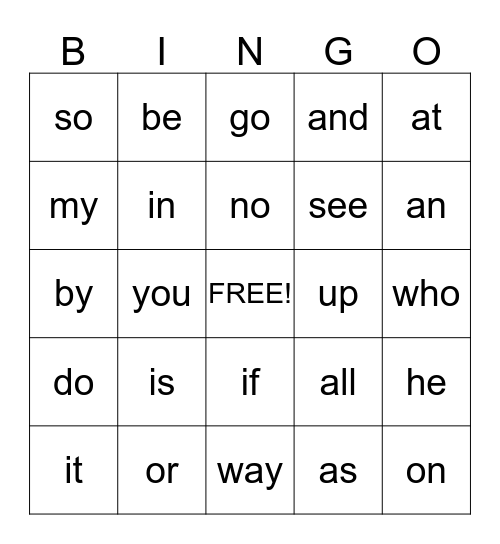 Sight Words 1-31 Bingo Card