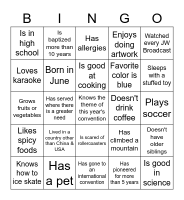 Getting to know you Bingo Card