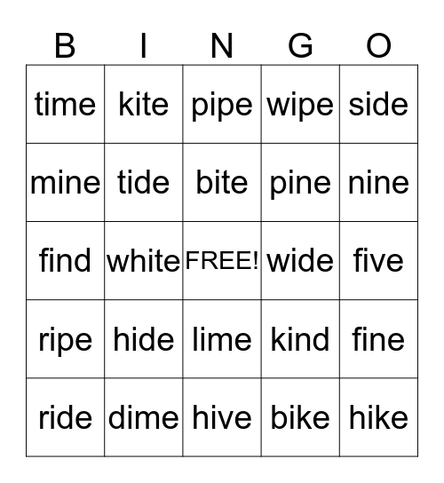 Long Vowel i   Bingo Card