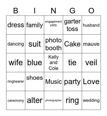 Kelly and Cole Bingo Card