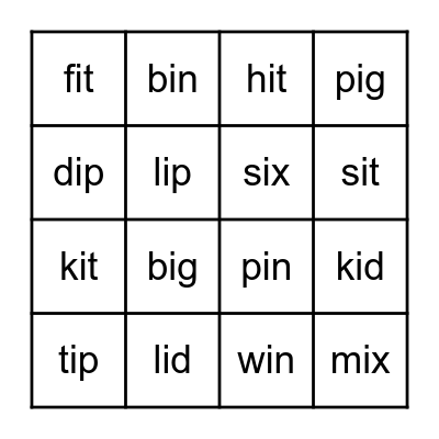 Short Vowel i Bingo Card