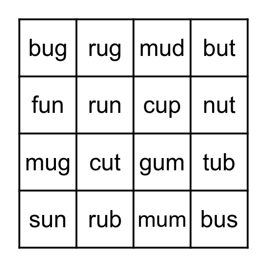 Short Vowels u Bingo Card