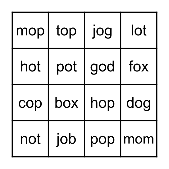 Short Vowel o Bingo Card