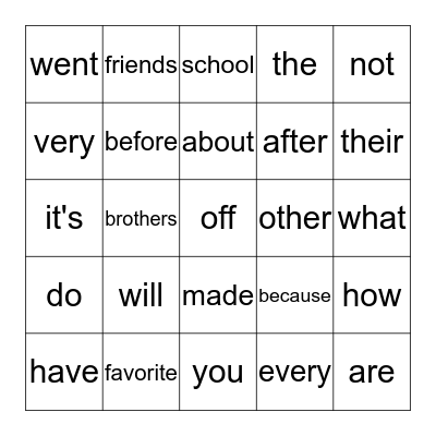 2nd Grade Word wall words # 1 Bingo Card