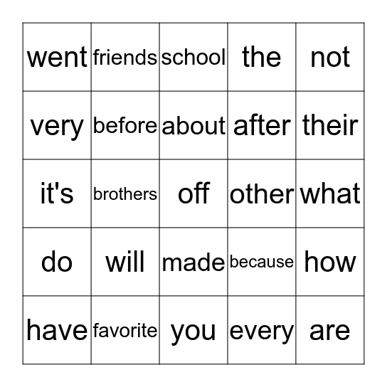 2nd Grade Word wall words # 1 Bingo Card
