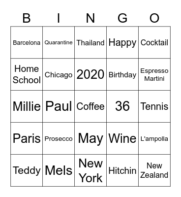Mels Birthday Bingo Card