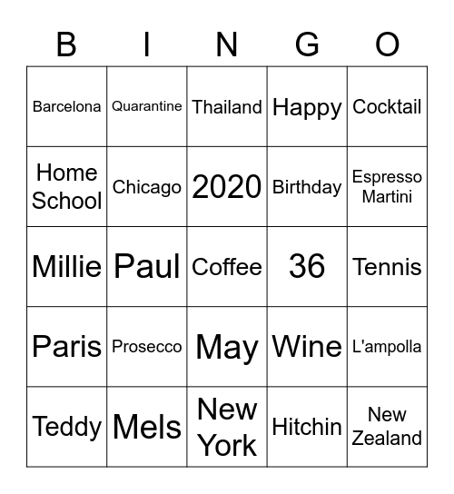 Mels Birthday Bingo Card