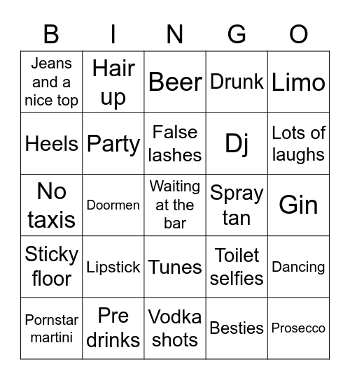 Girls Night Out Bingo Card