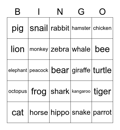 AT THE ZOO Bingo Card