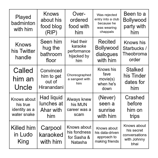 Sankalp's birthday bingo Card