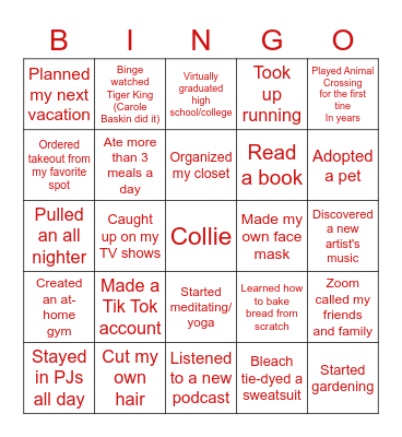 Quarantine Bingo Card