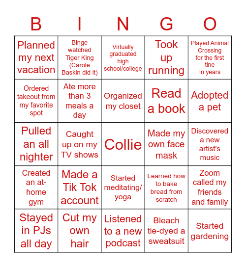 Quarantine Bingo Card