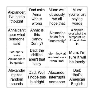 Family Meal Bingo Card