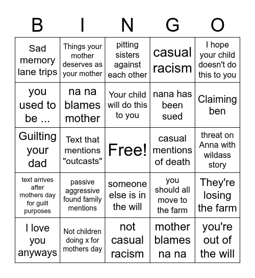 Ungrateful child bingo cards Bingo Card