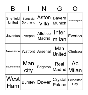 Football Team Bingo Card
