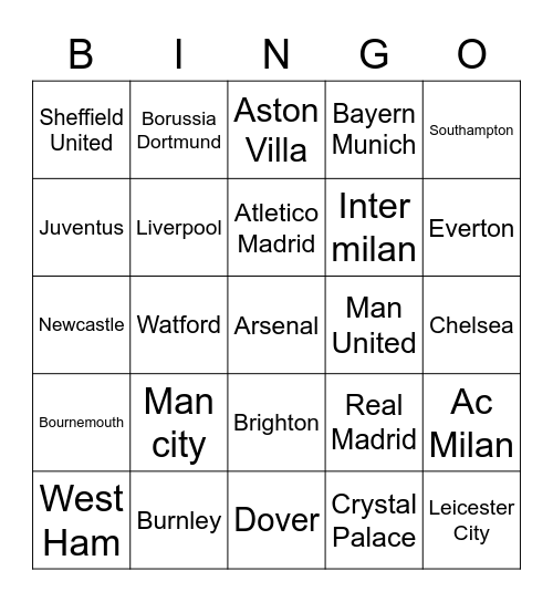 Football Team Bingo Card