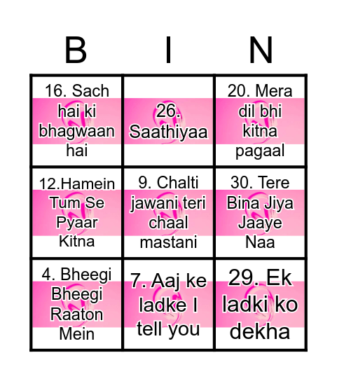 BOLLYWOOD MUSIC Bingo Card