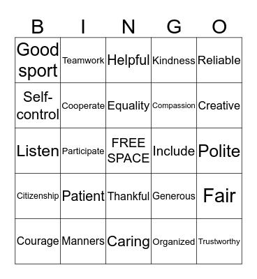 Character Trait Bingo Card