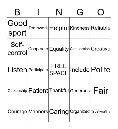 Character Trait Bingo Card