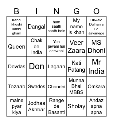 Bollywood Movies Bingo Card