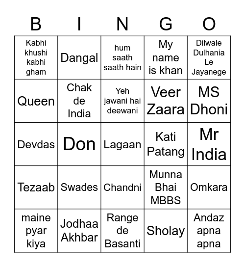 Bollywood Movies Bingo Card