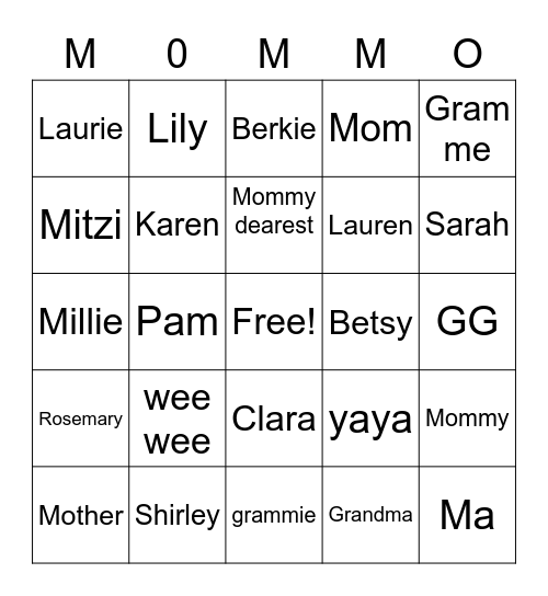 Mommo Bingo Card