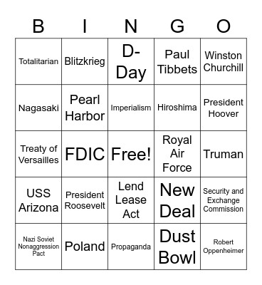 Great Depression and World War II Bingo Card