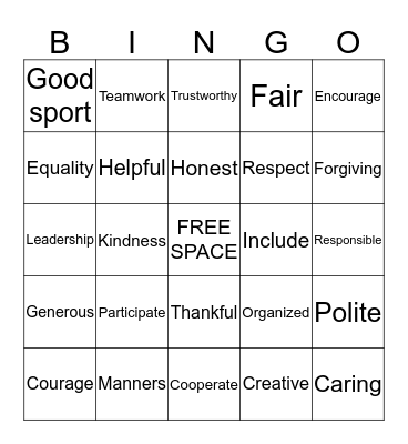 Character Trait Bingo Card