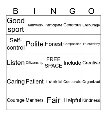 Character Trait Bingo Card