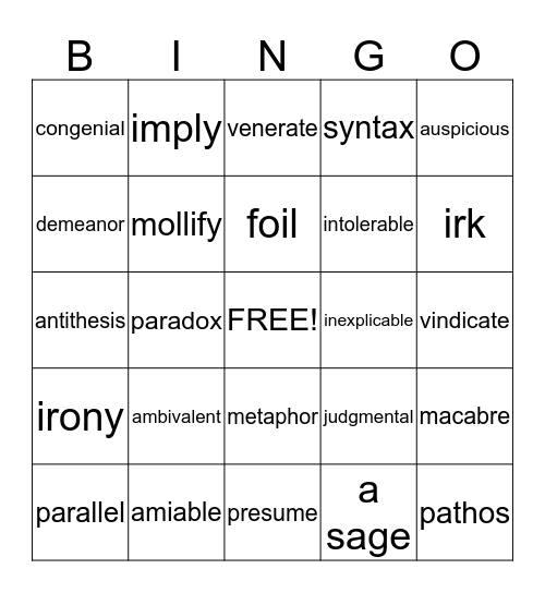PreAP Honors 1st Nine Weeks Bingo Card