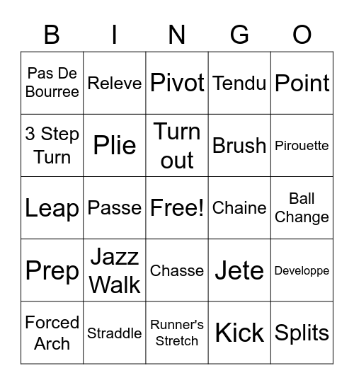 Jazz Dance Bingo Card