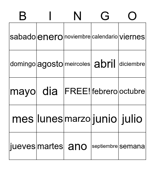 Los Meses Y Los Dias de la Semana Bingo Card