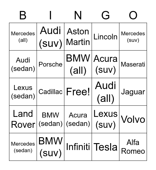 Luxury Car Bingo Card