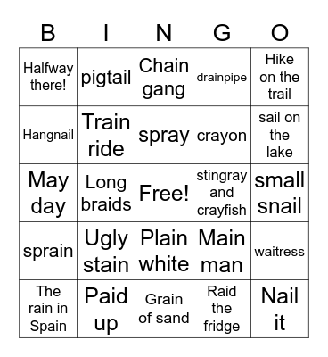 Long a:  ai -ay Bingo Card