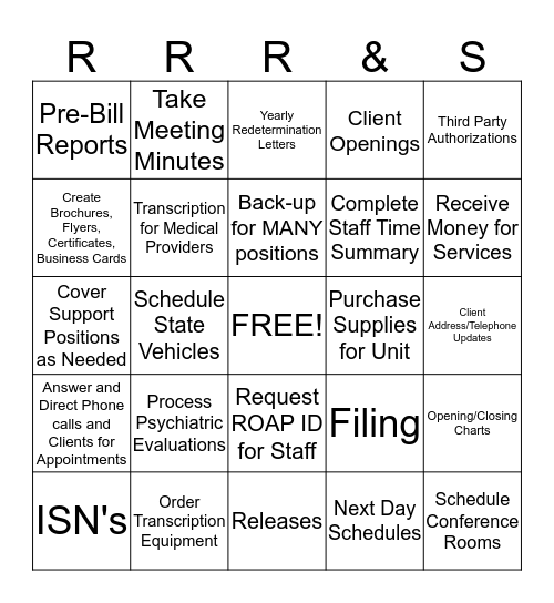 Reception, Registration, Record & Support Bingo Card