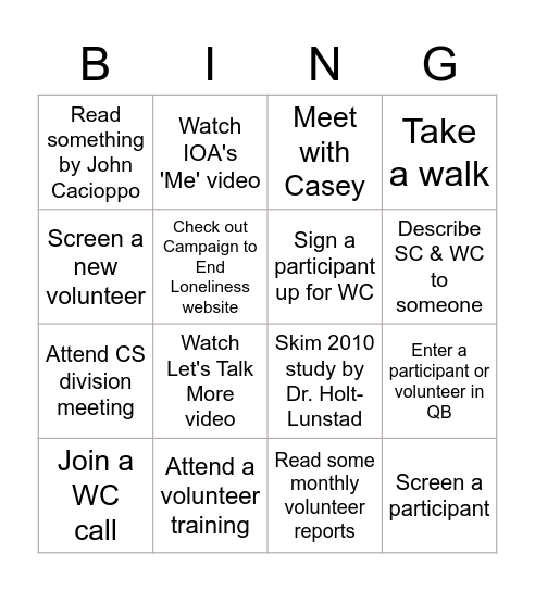 Beginning Social Call Bingo Card