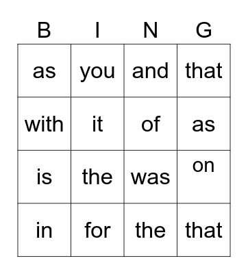 sight words Bingo Card