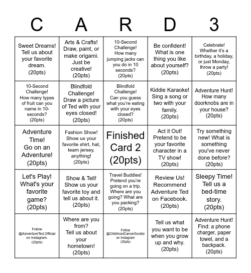 #AdventureTedChallenge2020 Bingo Card