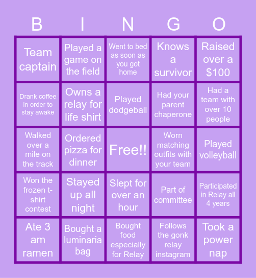 Relay for Life Bingo Card