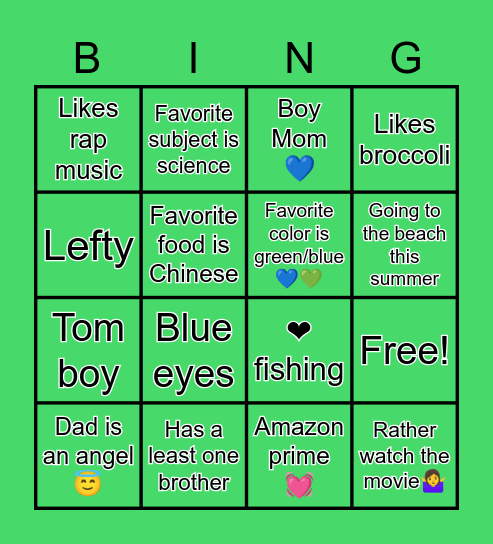 All About Me Bingo Card