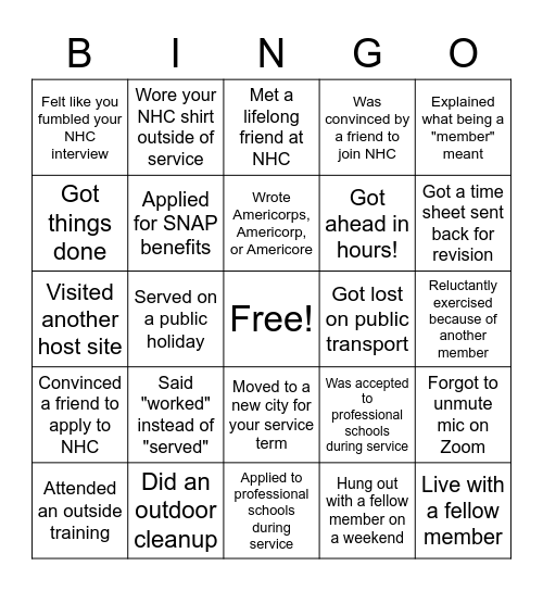 National Health Corps/AmeriCorps Bingo Card