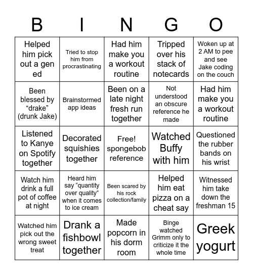 Jake John Bingo Card