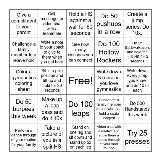 Compulsory and Xcel Bingo Card