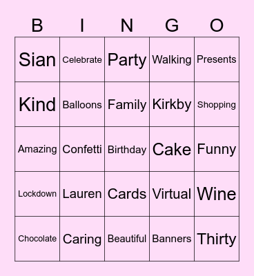 Lauren's 30th Birthday Bingo Card