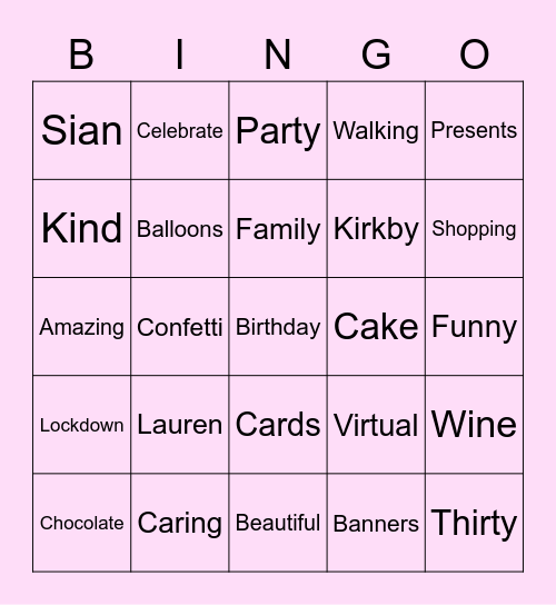 Lauren's 30th Birthday Bingo Card