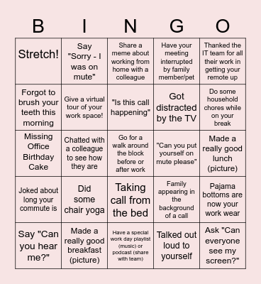 Remote Work Bingo Card