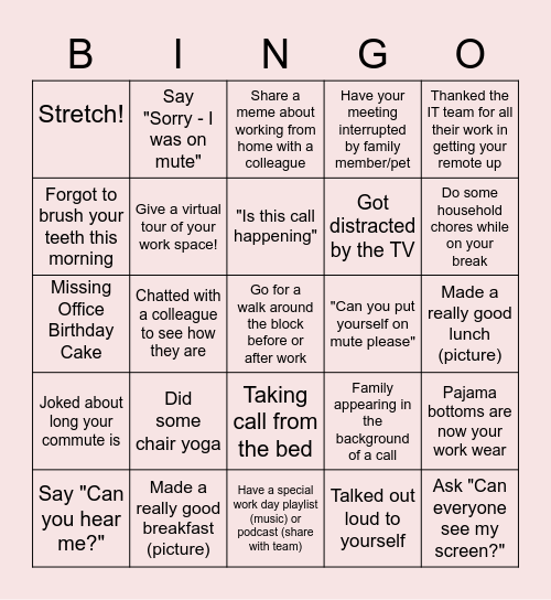 Remote Work Bingo Card